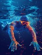 © FreyStudios - Swimmer in action made of polygon Al neon network, blue and orange tones, on dark blue background