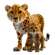 A 3D animated cartoon render of a swift cheetah rescuing a lost cub.