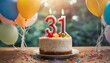 number 31 candle on a twenty eit year birthday or anniversary cake celebration with balloons