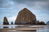 Fototapeta Most - Haystack Rock is a 235 ft-tall sea stack in Cannon Beach, Oregon.  Haystack Rock is one of Oregon’s most recognizable landmarks, home to colorful tidepools and diverse birdlife. 