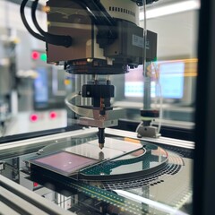 A man in a white lab coat is working on a machine