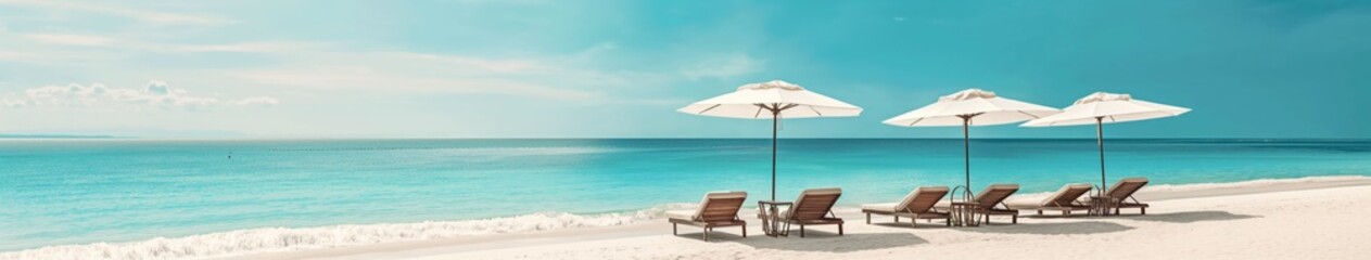 Sunny Beach Day with Triple White Umbrellas