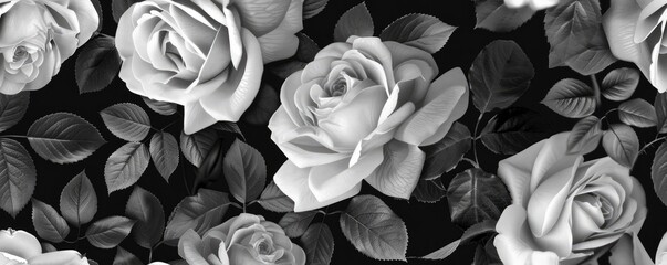 Wall Mural - vintage black and white wallpaper of roses and leaves