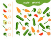 Math counting game how many vegetables. Educational mathematical counting game for children. Calculation. Thinking game. Worksheet for preschoolers