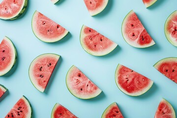 Wall Mural - Pattern of fresh watermelon slices on blue background