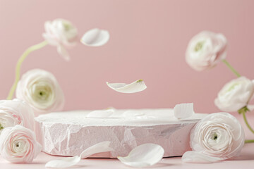 Wall Mural - White ranunculus flowers and falling petals on pink background. Studio shot