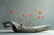 Driftwood old tree with  small wildflowers and green leaves, studio shot. Springtime concept.