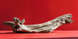 Dry driftwood old tree trunk in a red studio background. Product display template. Object placement backdrop