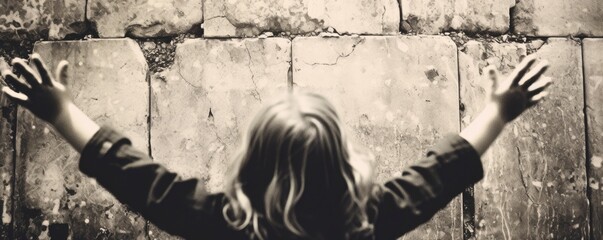 A little girl standing against a wall and raising her both hand. balck and white colour