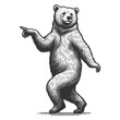 Dancing standing bear pointing with its paw sketch engraving generative ai fictional character vector illustration. Scratch board imitation. Black and white image.