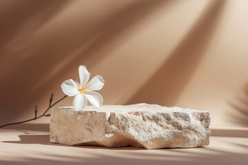 Wall Mural - White stone podium on beige background with palm leaf shadow and frangipani flower. Natural product display template