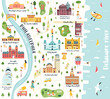 Vector illustrated map of Philadelphia city, USA with landmarks, famous destinations, elements.