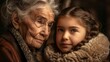 Grandmother and granddaughter share family secrets, tell rumors and legends of their kind. Concept: family tree, genes, dna. Retro style vintage, Generated by AI