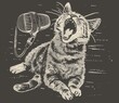 Minimalist Kitten Singer: Linocut Illustration Generative AI