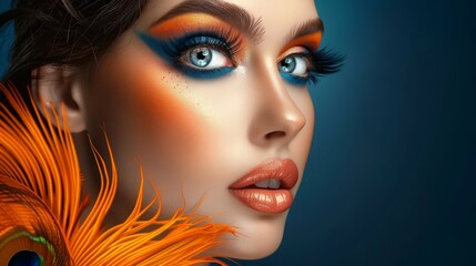 Wall Mural - Portrait of a fashion model girl with extravagant colorful creative art makeup. Abstract makeup splash with colored feathers