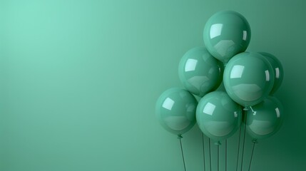 Wall Mural -   Green balloons with shadows against a green backdrop float in the air