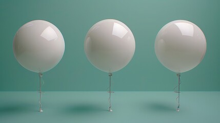 Wall Mural -   Three white balloons sit adjacent on a blue surface A green wall lies behind them