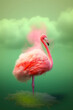 A digital artwork of a flamingo standing under a cloud resembling flames.