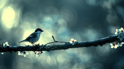 Sticker -   A small bird sits on a tree branch, surrounded by white and red flowers in the foreground Background is softly blurred