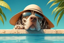 A Dalmatian Dog Wearing Sunglasses And A Sun Hat Sitting On The Edge Of A Swimming Pool, Depicting A Vacation Concept With A Blue Sky Background. 