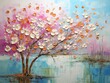  dark pink and light pink colour flower pattern tree with thick colour on blue background