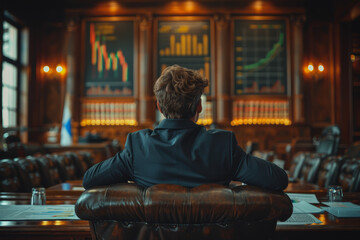 Poster - a businessman studying financial charts and graphs in a boardroom, strategizing for future investmen