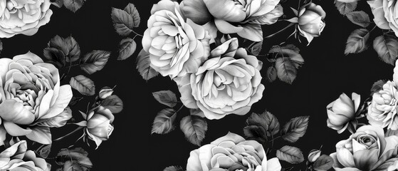 Wall Mural - vintage black and white wallpaper of roses and leaves