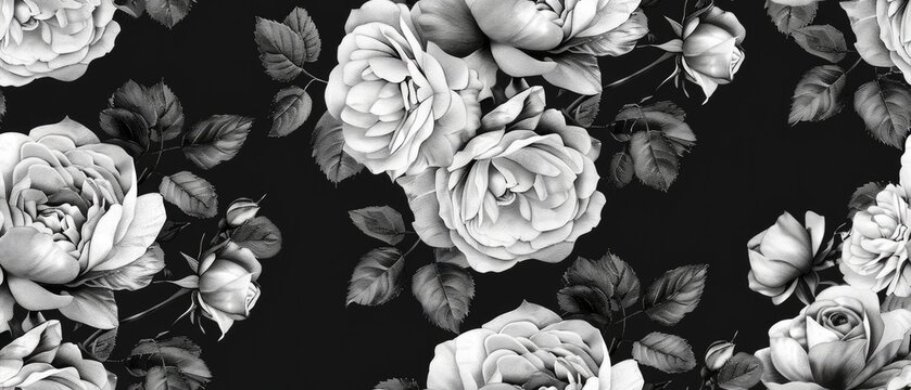 vintage black and white wallpaper of roses and leaves
