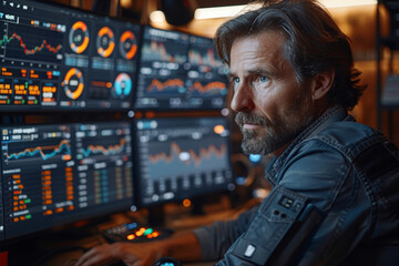 Poster - An options trader analyzing volatility levels and implied probabilities, crafting complex trading strategies. Concept of derivatives trading and risk hedging. Generative Ai.