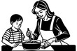 A mother helping her child build a sandcastle at the beach, illustrated in continuous line art  vector silhouette 