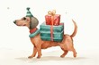 Dachshund Carrying Gift Boxes Watercolor Illustration Generative AI