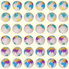 Poster - Collection of planet globes. Slanted sphere view. Rotation step 10 degrees. Colored continents style. World map with sparse graticule lines on creamy background. Pleasing vector illustration.