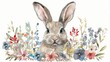 Whimsical Watercolor Bunny with Blooming Floral Wreath Generative AI