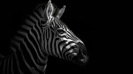 Poster -   A black-and-white image of a zebra with its head turned to one side