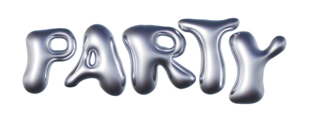 Party written in three-dimensional Y2K glossy chrome blob lettering isolated on transparent background. 3D rendering