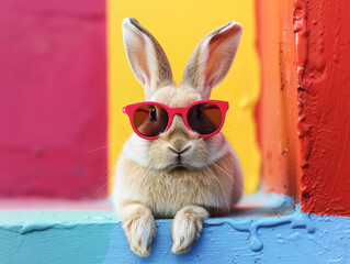 Wall Mural - A rabbit wearing sunglasses and standing on a wall. The rabbit is wearing a pair of yellow sunglasses and he is posing for a photo. The wall behind the rabbit is painted in bright colors