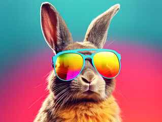 Wall Mural - A rabbit wearing sunglasses and standing on a wall. The rabbit is wearing a pair of yellow sunglasses and he is posing for a photo. The wall behind the rabbit is painted in bright colors