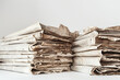texture and detail of old newspapers piled together, against a pristine white background, evoking memories of bygone eras and historical events.