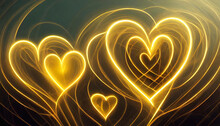 Yellow Neon Heart Shapes, Romantic Illustration. 