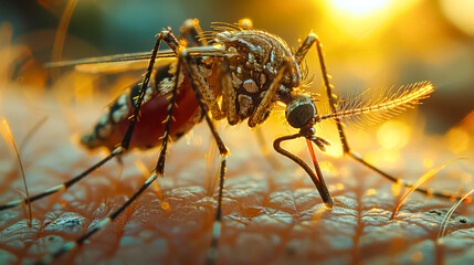 A mosquito is biting a person's arm. The mosquito is brown and black with red lips. The person is wearing a sleeveless shirt
