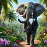 Fototapeta Storczyk - The elephant businessman in a business suit and glasses strolls through the jungle