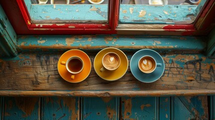 Wall Mural -   Three cups of coffee align on a window sill, facing the window