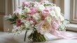   A pink-and-white flower bouquet is arranged on a window sill, adorned with a pink ribbon