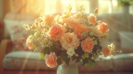 Poster -   A vase of flowers on a table before a couch, sunlit room - sunlight streams through window