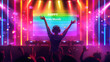 © Milagro - Dynamic 3D vector art of a virtual concert with a DJ under rainbow lights, 'HAPPY Pride Month' text on the stage screen, energetic crowd,