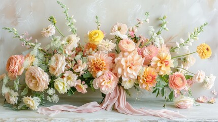 Poster -   A white table holds a pink ribbon and a vase filled with pink and yellow blooms Atop it, a bouquet of flowers sits pretty