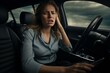 Frustrated Stressed woman driver car. Summer driving with face pain looking. Generate Ai