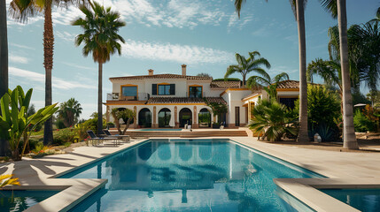 Wall Mural - beautiful Spanish villa with a pool and palm trees in the background, blue sky, sunny day, luxury house