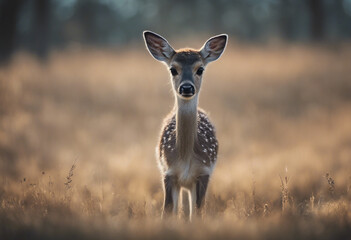 Wall Mural - Fallow deer baby animal standing in the field and looking strait at the camera