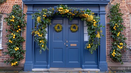 Poster -   A blue front door adorned with orange clusters hanging from its sides and two wreaths gracing its facade